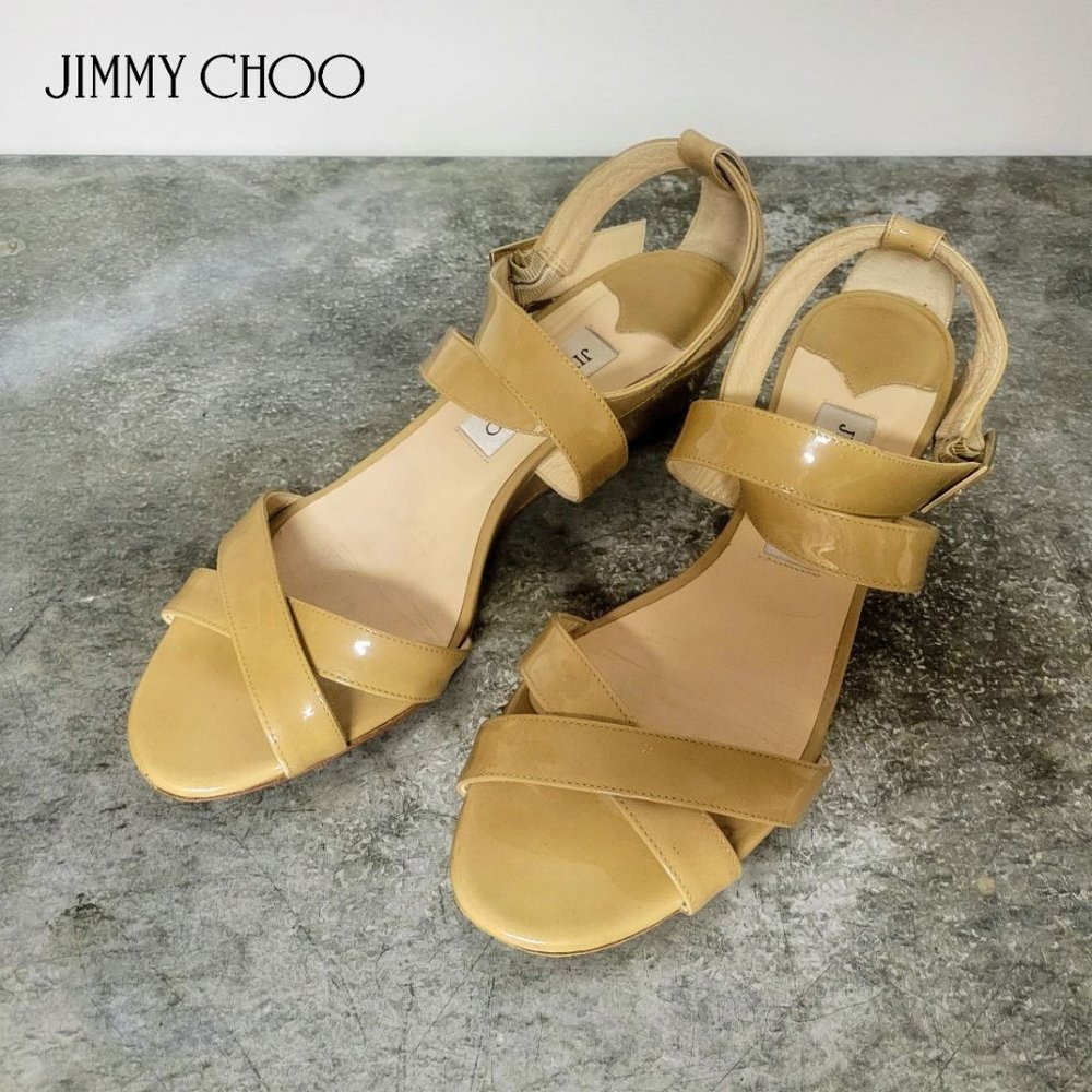Jimmy Choo Nude Patent Leather Chiara Demi Wedge Crisscross Sandal 39.5